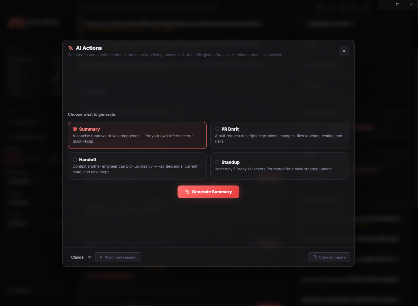 AI Actions modal generating a summary, PR draft, handoff, or standup