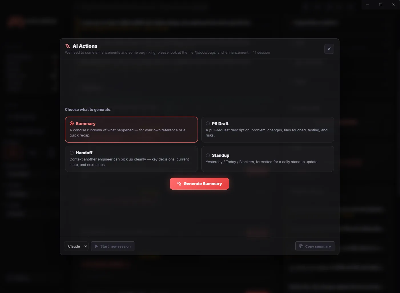 AI Actions modal generating a summary, PR draft, handoff, or standup