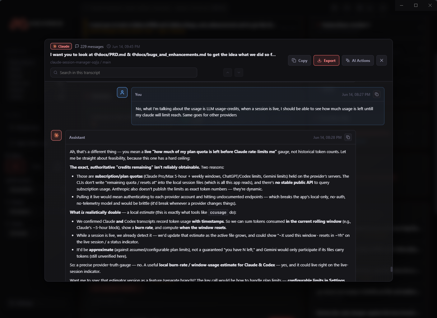 Read-only transcript with rendered markdown and a Changes tab